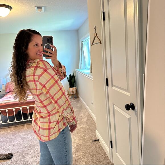 THE GREAT. Pink Yellow Cotton Plaid Western Flannel Top Small 1 - Picture 2 of 12